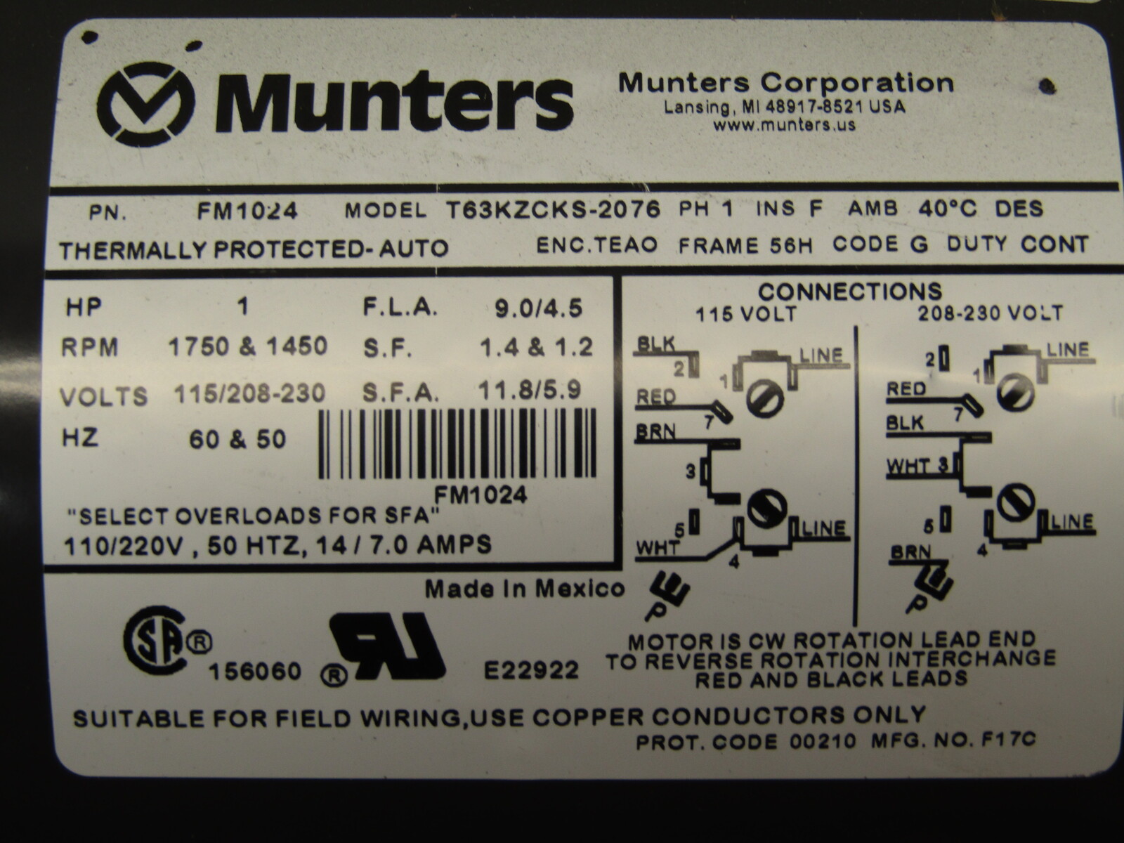 MOTOR,1HP,1PH,115/208-230V,50/60HZ,1450/1750RPM